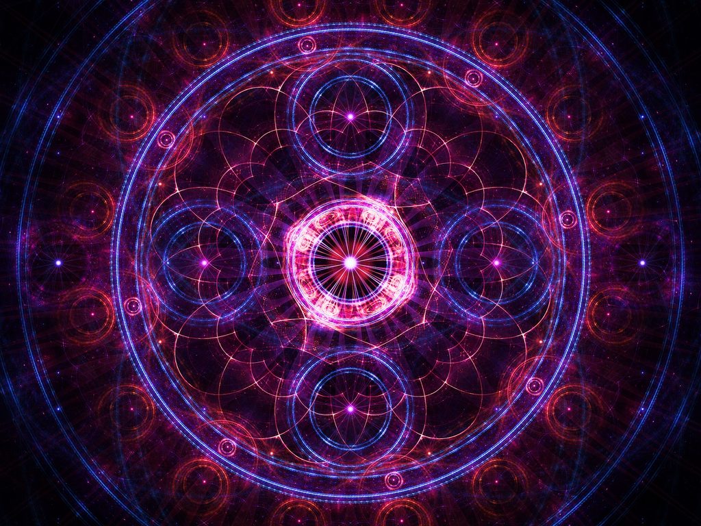 Abstract sacred geometry artwork titled Just To Be, featuring a luminous purple and blue mandala with radiant concentric circles, cosmic light patterns, and symmetrical geometric design symbolizing presence, mindfulness, and the power of living in the present moment