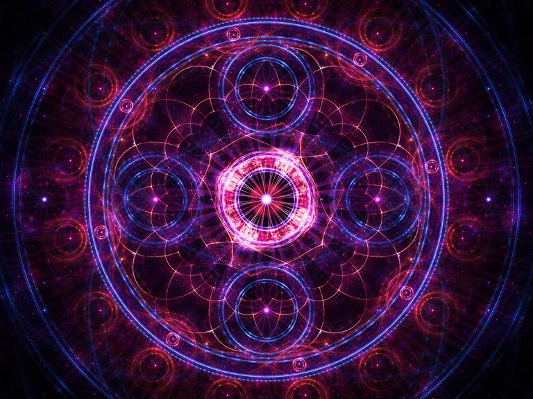 Abstract sacred geometry artwork titled Just To Be, featuring a luminous purple and blue mandala with radiant concentric circles, cosmic light patterns, and symmetrical geometric design symbolizing presence, mindfulness, and the power of living in the present moment