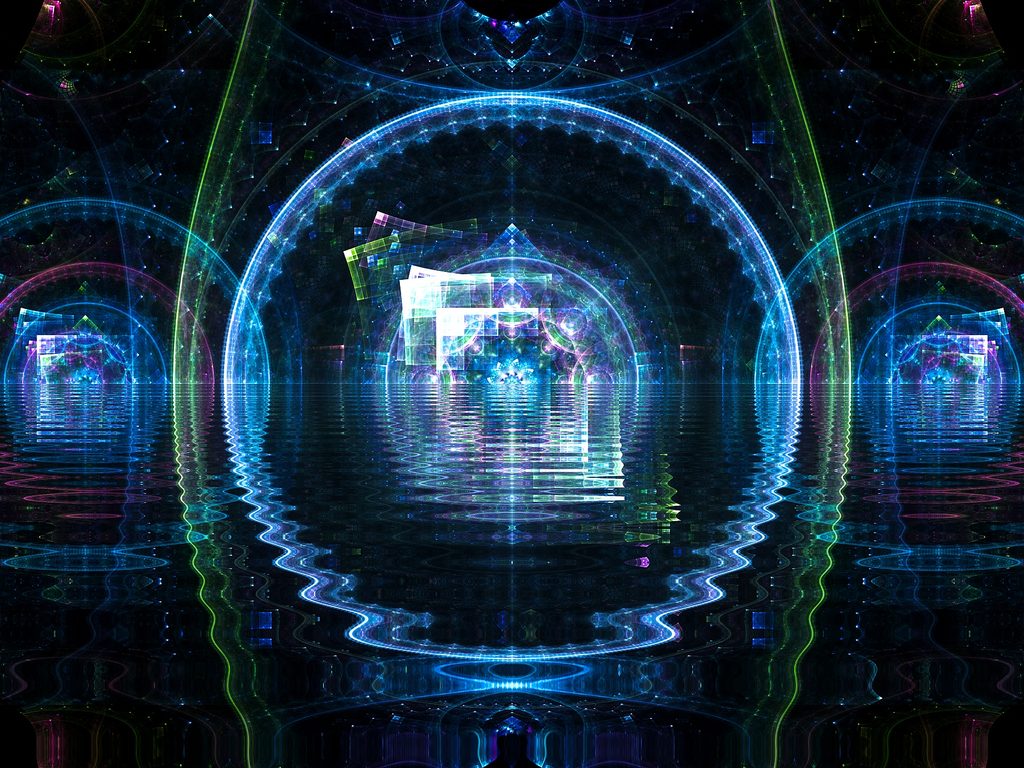Abstract digital artwork titled 'Reflection Mundi' featuring glowing cosmic arches, crystalline geometric structures, and luminous blue, turquoise, violet, and green light reflected across calm water, creating a symmetrical vision of infinite space, harmony, and inner reflection.