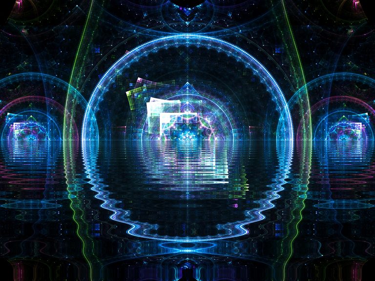 Abstract digital artwork titled 'Reflection Mundi' featuring glowing cosmic arches, crystalline geometric structures, and luminous blue, turquoise, violet, and green light reflected across calm water, creating a symmetrical vision of infinite space, harmony, and inner reflection.