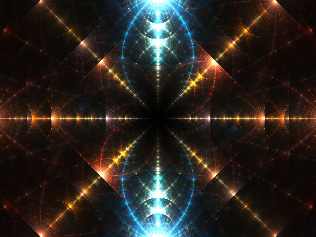 Abstract symmetrical fractal artwork titled Silent Pulse, featuring radiant blue and golden light patterns converging toward a dark central point, symbolizing inner stillness, self-discovery, and the quiet journey toward one's true self.