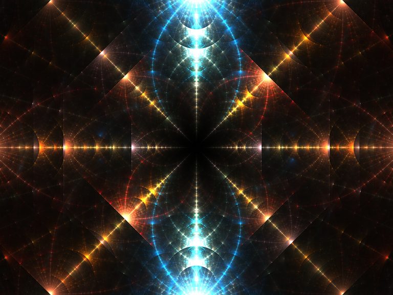 Abstract symmetrical fractal artwork titled Silent Pulse, featuring radiant blue and golden light patterns converging toward a dark central point, symbolizing inner stillness, self-discovery, and the quiet journey toward one's true self
