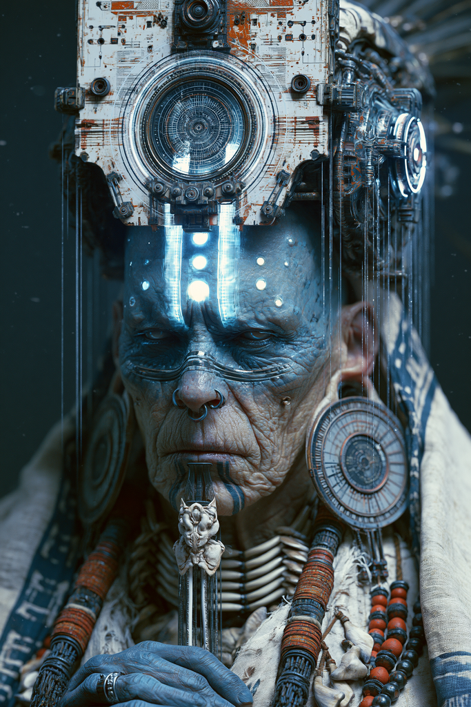 An elder figure with blue skin and deep facial tattoos, wearing a massive headdress made of aged, detailed metal. The forehead glows with bright light and circuit patterns.