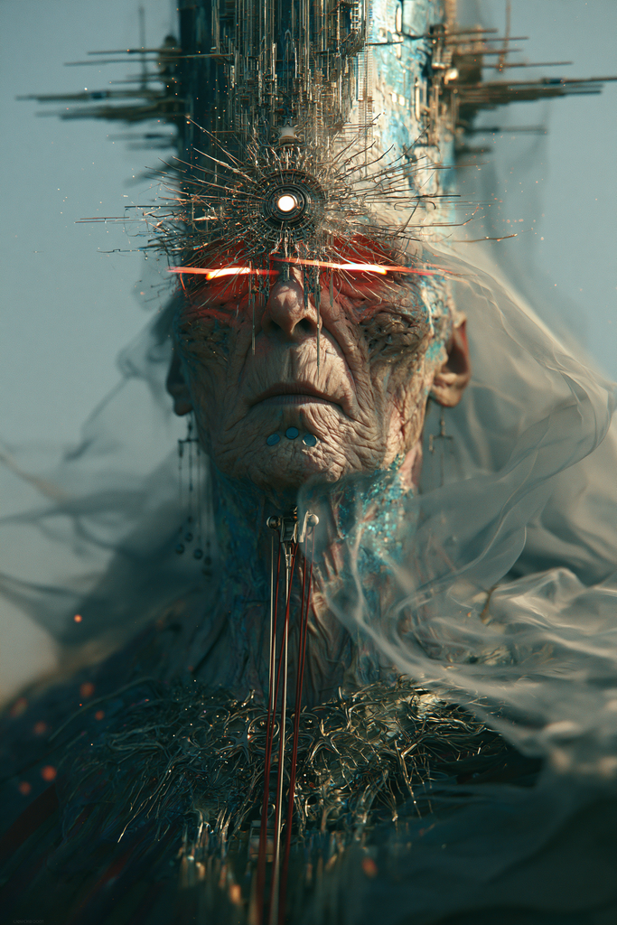 A detailed portrait of an aged, blue-skinned being, featuring a complex, starburst-like mechanical array on its forehead. Two orange laser-like beams pulse from its eyes, and ethereal energy trails behind a complex structure