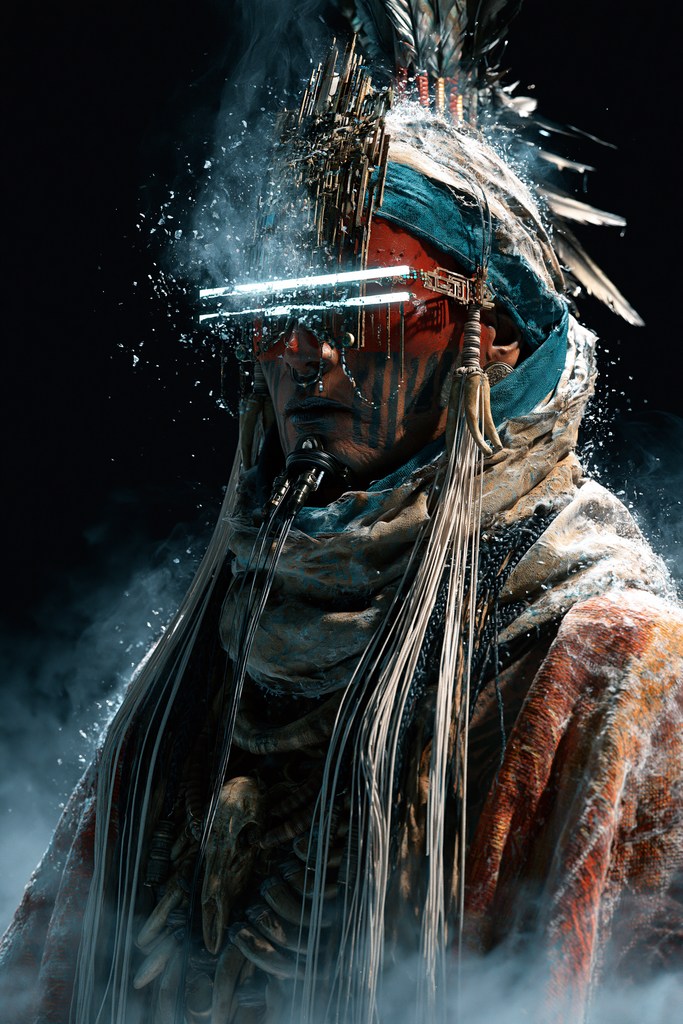 A futuristic shaman with a traditional layered outfit and intricate feathers, featuring a glowing blue digital visor over a painted face. The figure is shrouded in dark, smoky fog and sparkling light particles.
