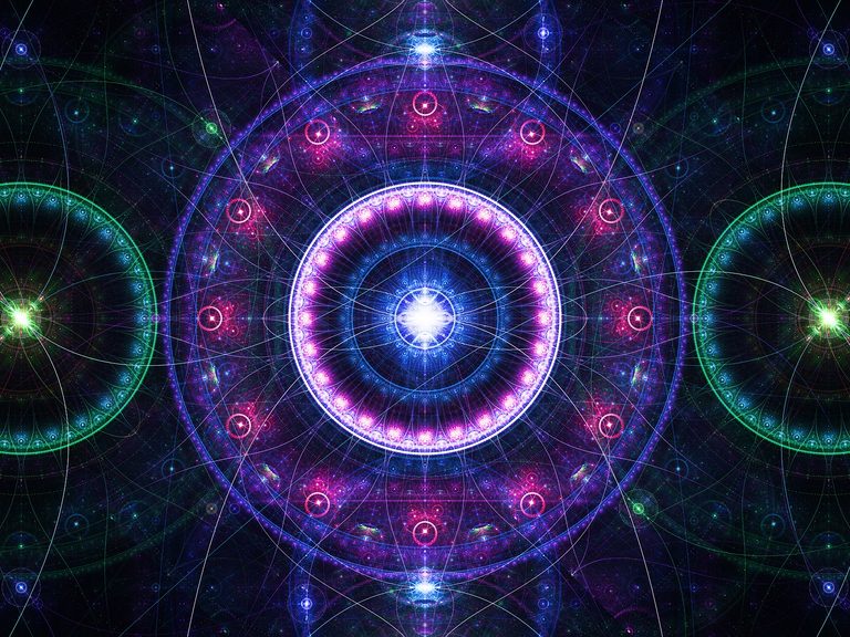 Luminous cosmic mandala with radiant white center, intricate sacred geometry, concentric circles, and vibrant blue, violet, pink, and emerald energy patterns symbolizing timelessness, infinity, and the interconnected nature of the universe.