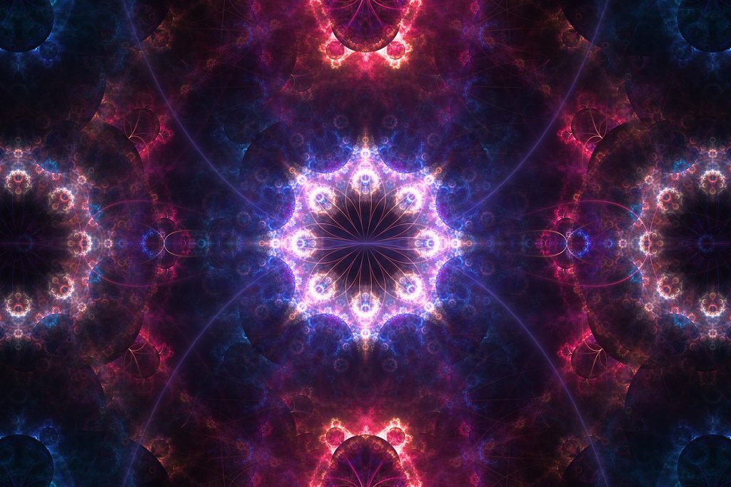 Abstract cosmic fractal artwork featuring a luminous symmetrical mandala in shades of violet, magenta, and deep blue, evoking the night sky, inner peace, and the quiet journey of self-discovery.
