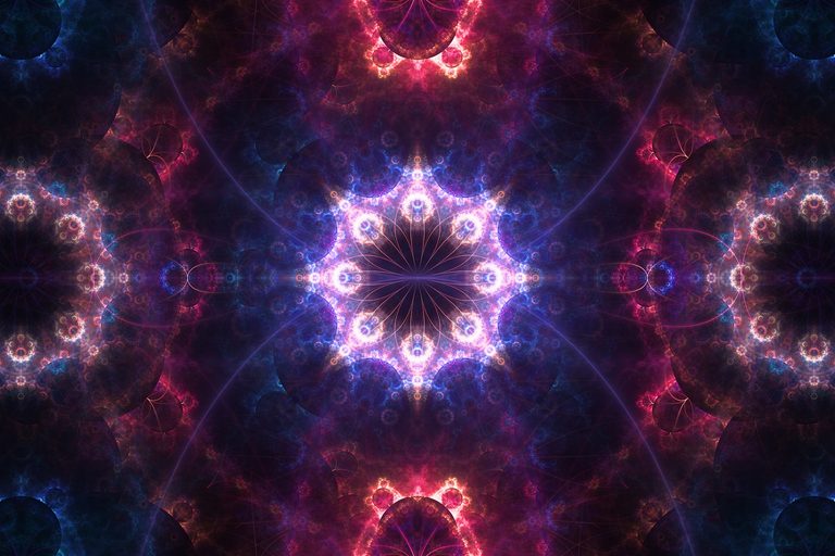 Abstract cosmic fractal artwork featuring a luminous symmetrical mandala in shades of violet, magenta, and deep blue, evoking the night sky, inner peace, and the quiet journey of self-discovery.