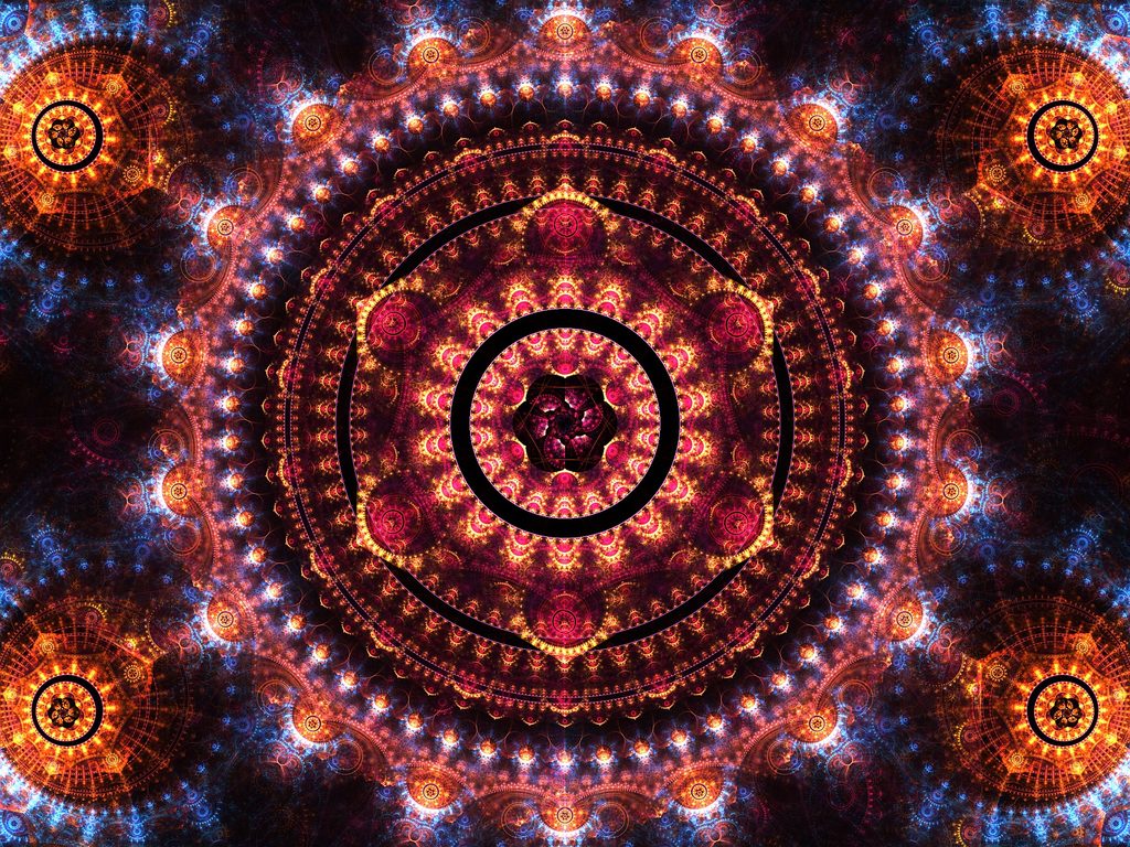 Intricate geometric fractal artwork with concentric black rings, glowing orange and magenta patterns, and electric blue details against a dark background.