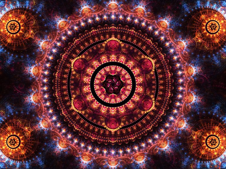 Intricate geometric fractal artwork with concentric black rings, glowing orange and magenta patterns, and electric blue details against a dark background.