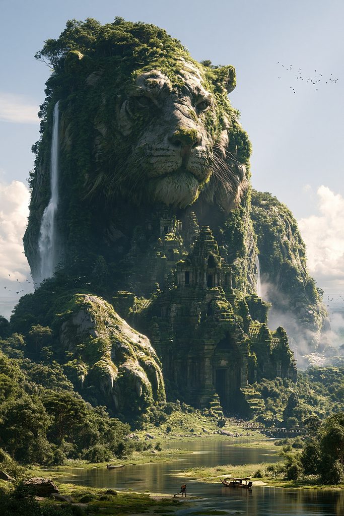 A front-facing colossal stone tiger head carved into a mountain, featuring ancient temple ruins built into its neck and waterfalls.