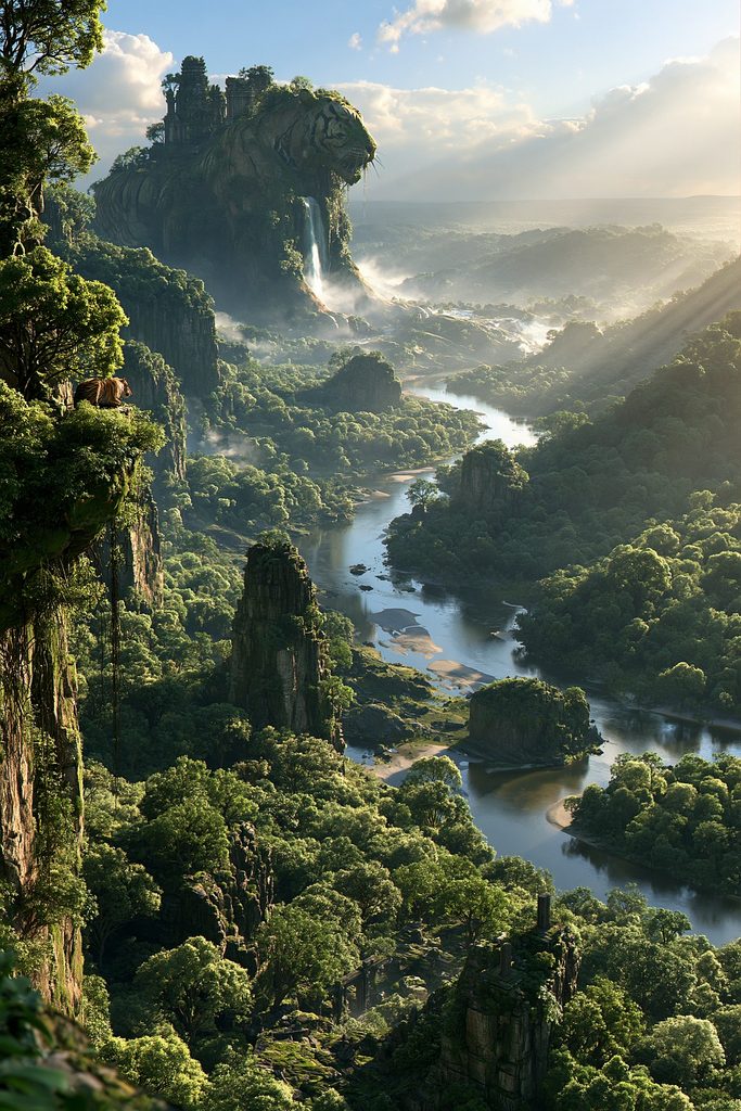 A panoramic fantasy landscape featuring a giant stone tiger mountain overlooking a winding river valley, with a real tiger resting on a cliff in the foreground.