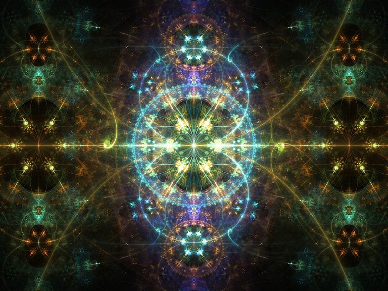 Intricate symmetrical fractal art with a glowing golden center, turquoise and blue geometric patterns, and cosmic details against a dark background.