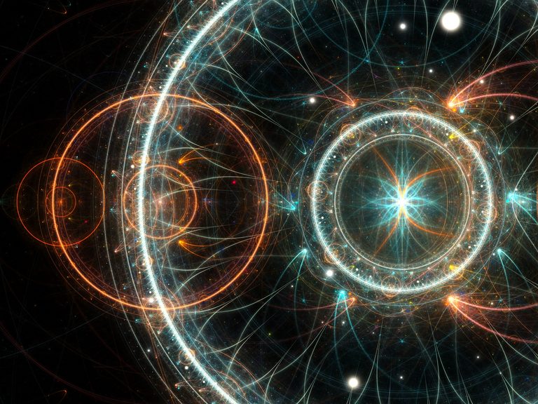 Eclipses fractal art by Michal Dunaj featuring glowing turquoise and orange geometric circles, intricate orbital lines, and luminous cosmic patterns against a dark background.