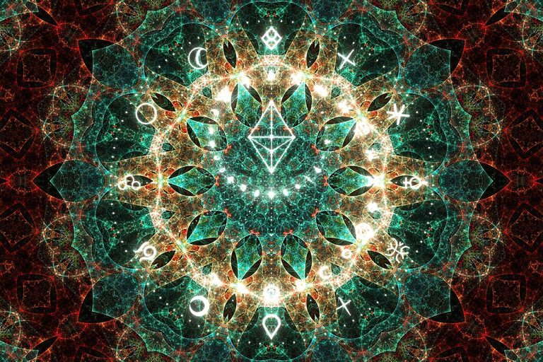 Into Unknown – Mystical digital mandala wall art print with a glowing diamond center, celestial symbols, and intricate fractal textures in teal, blue, and red, perfect for modern home decor.