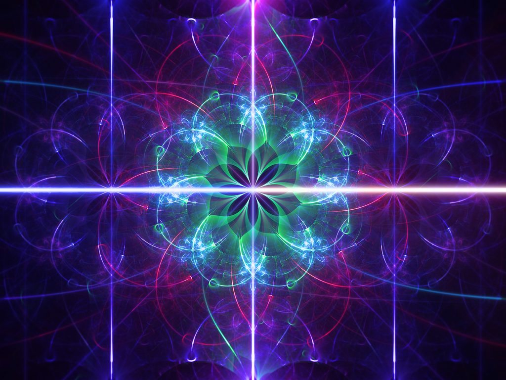 A symmetrical fractal art piece titled Involution featuring a glowing green and cyan center, swirling magenta patterns, and a bright horizontal beam of light against a deep blue background.