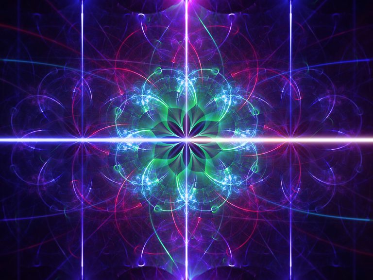 A symmetrical fractal art piece titled Involution featuring a glowing green and cyan center, swirling magenta patterns, and a bright horizontal beam of light against a deep blue background.