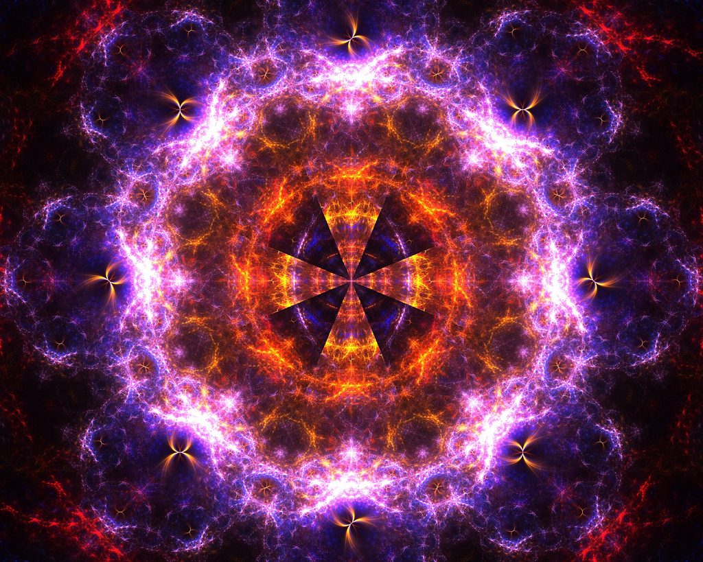 Symmetrical digital fractal artwork titled Pleroma featuring a central star shape surrounded by swirling textures of electric purple, blue, and fiery orange, resembling a glowing cosmic nebula.