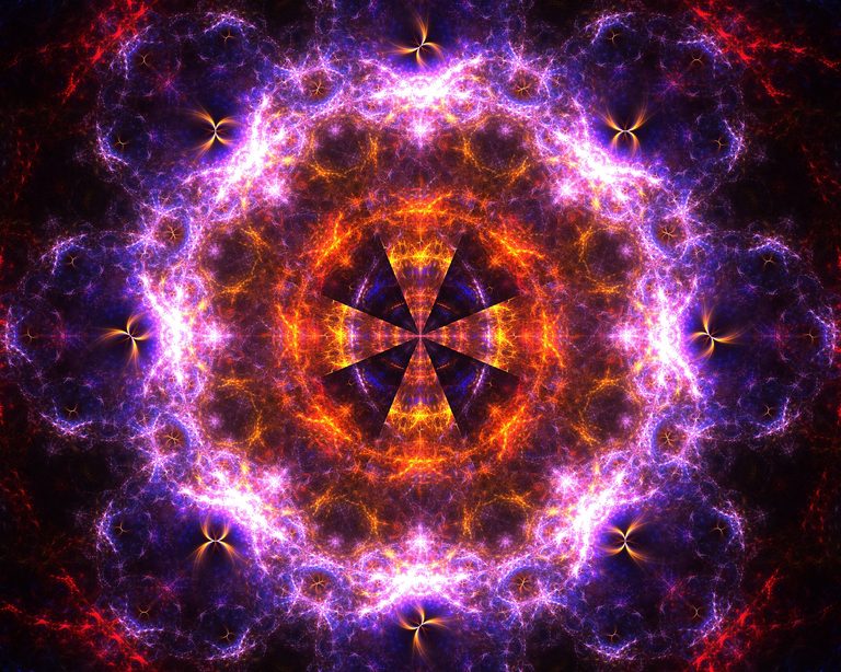 Symmetrical digital fractal artwork titled Pleroma featuring a central star shape surrounded by swirling textures of electric purple, blue, and fiery orange, resembling a glowing cosmic nebula.