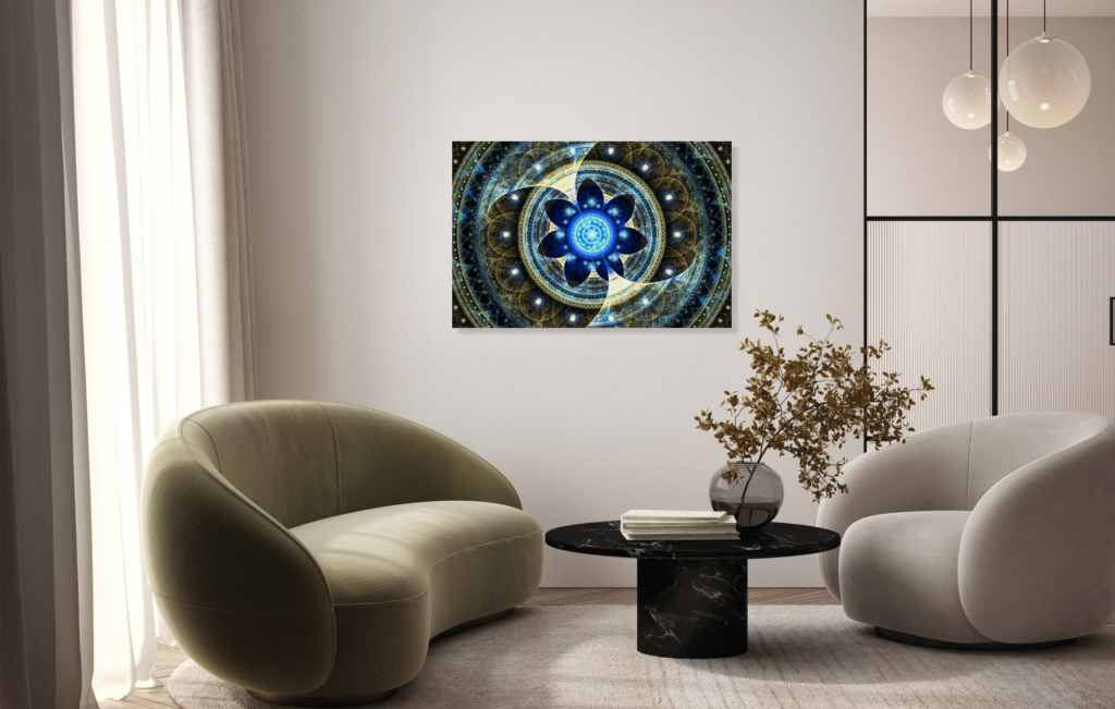 Intricate Blue and Gold Fractal Art on a living room wall