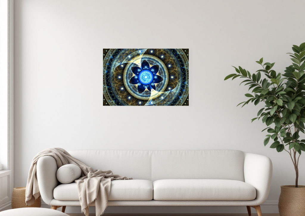 Intricate Blue and Gold Fractal Art on a living room wall